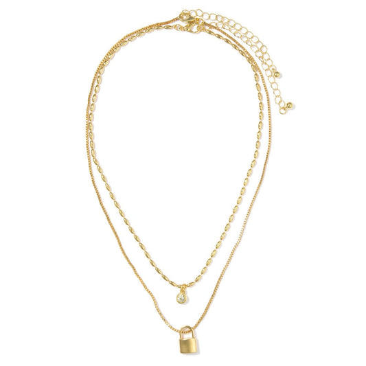 Set Of Two Chain Link Necklace Featuring Rhinestone & Lock Pendants