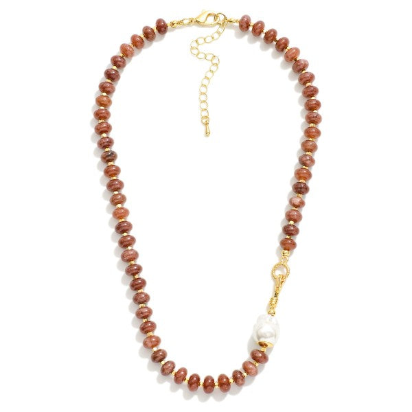 Stone Beaded Necklace Featuring Baroque Pearl & Hook Clasp Brown