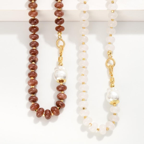 Stone Beaded Necklace Featuring Baroque Pearl & Hook Clasp
