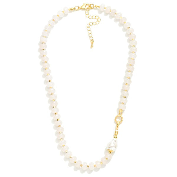 Stone Beaded Necklace Featuring Baroque Pearl & Hook Clasp White