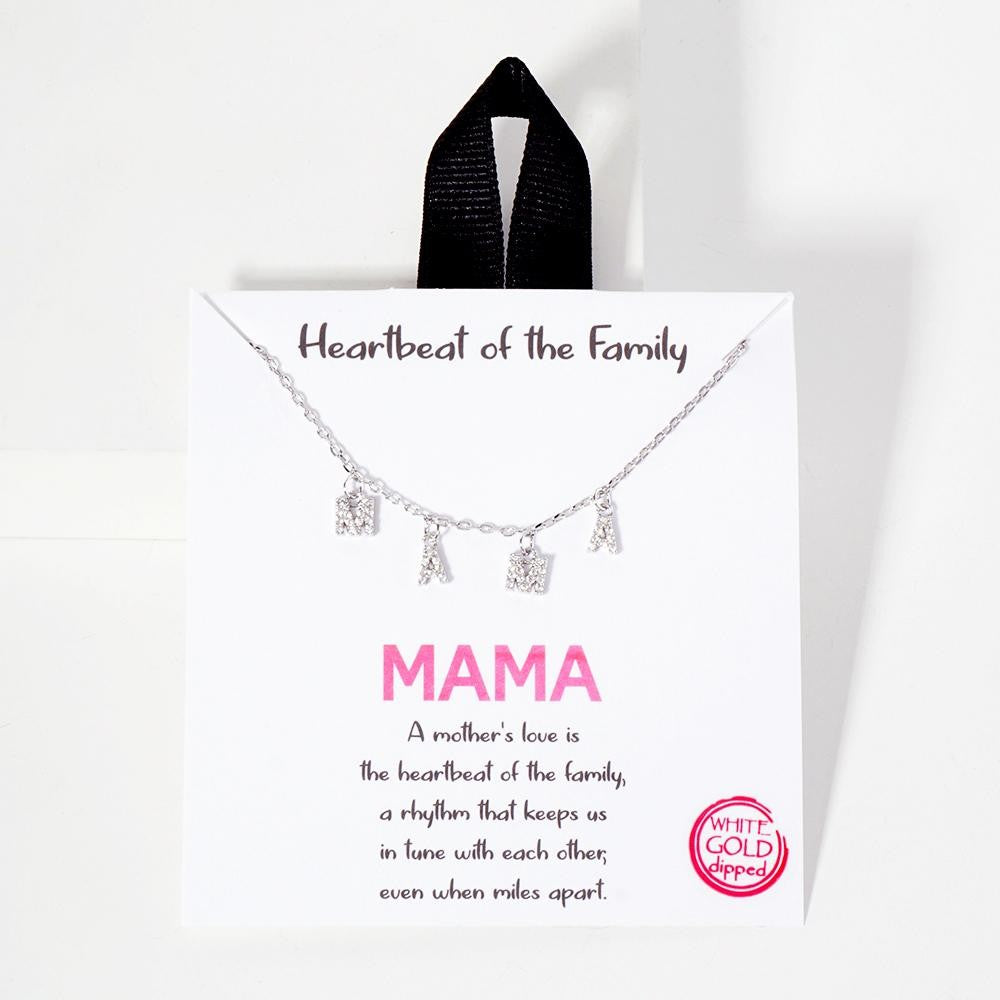 Dainty Chain Link Necklace Featuring Metal Tone "MAMA" Letter Charms With Cubic Zirconia Accents