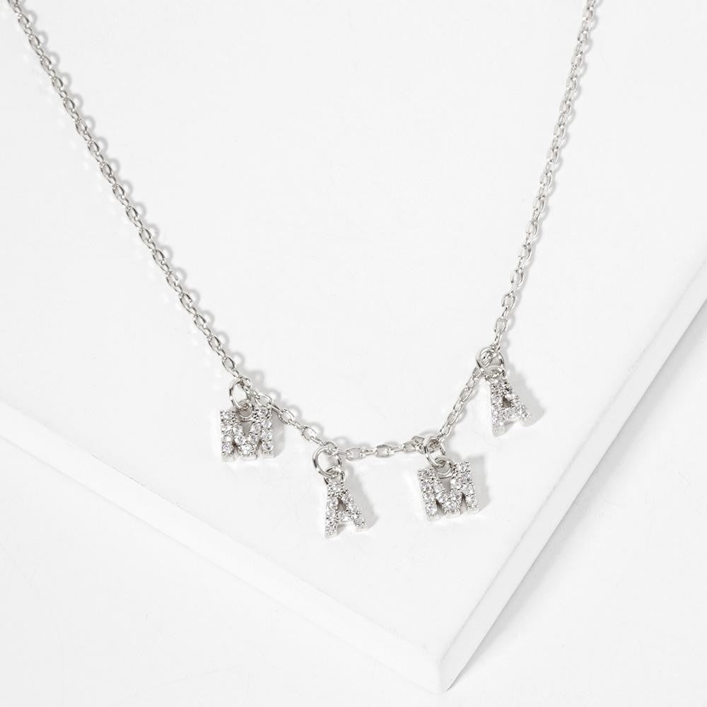 Dainty Chain Link Necklace Featuring Metal Tone "MAMA" Letter Charms With Cubic Zirconia Accents Silver