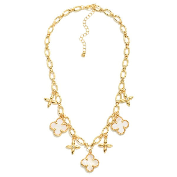 Chain Link Charm Necklace Featuring Pearlescent Clovers & Star Charms Gold