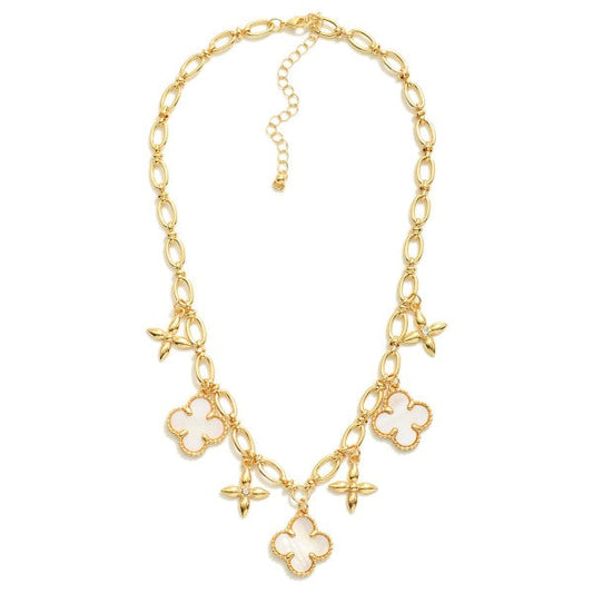 Chain Link Charm Necklace Featuring Pearlescent Clovers & Star Charms Gold