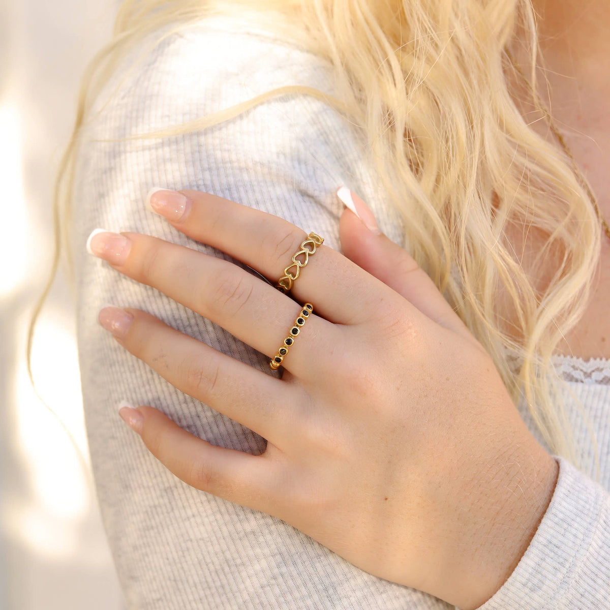 18k Gold PVD Coated Beaded Stainless Steel CZ Stacking Ring: Clear / 10 WJW