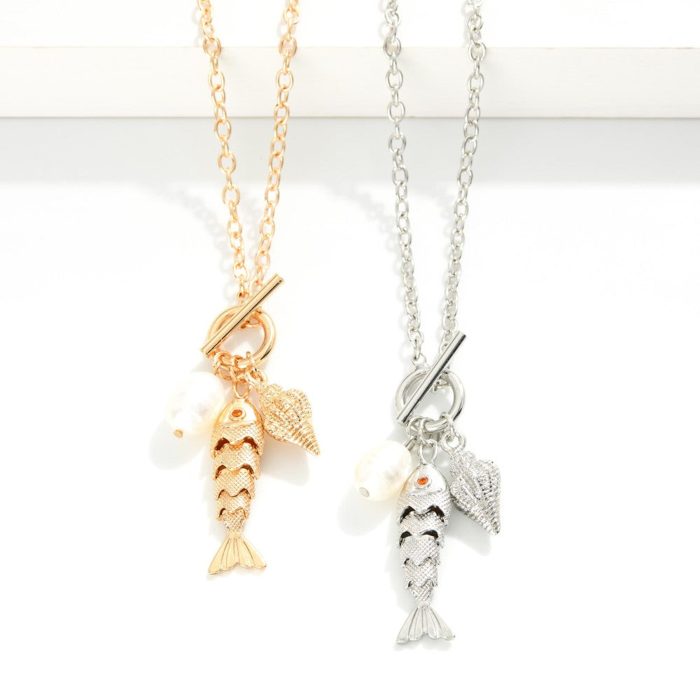 Chain Link Necklace Featuring Fish Pendant & Toggle Clasp