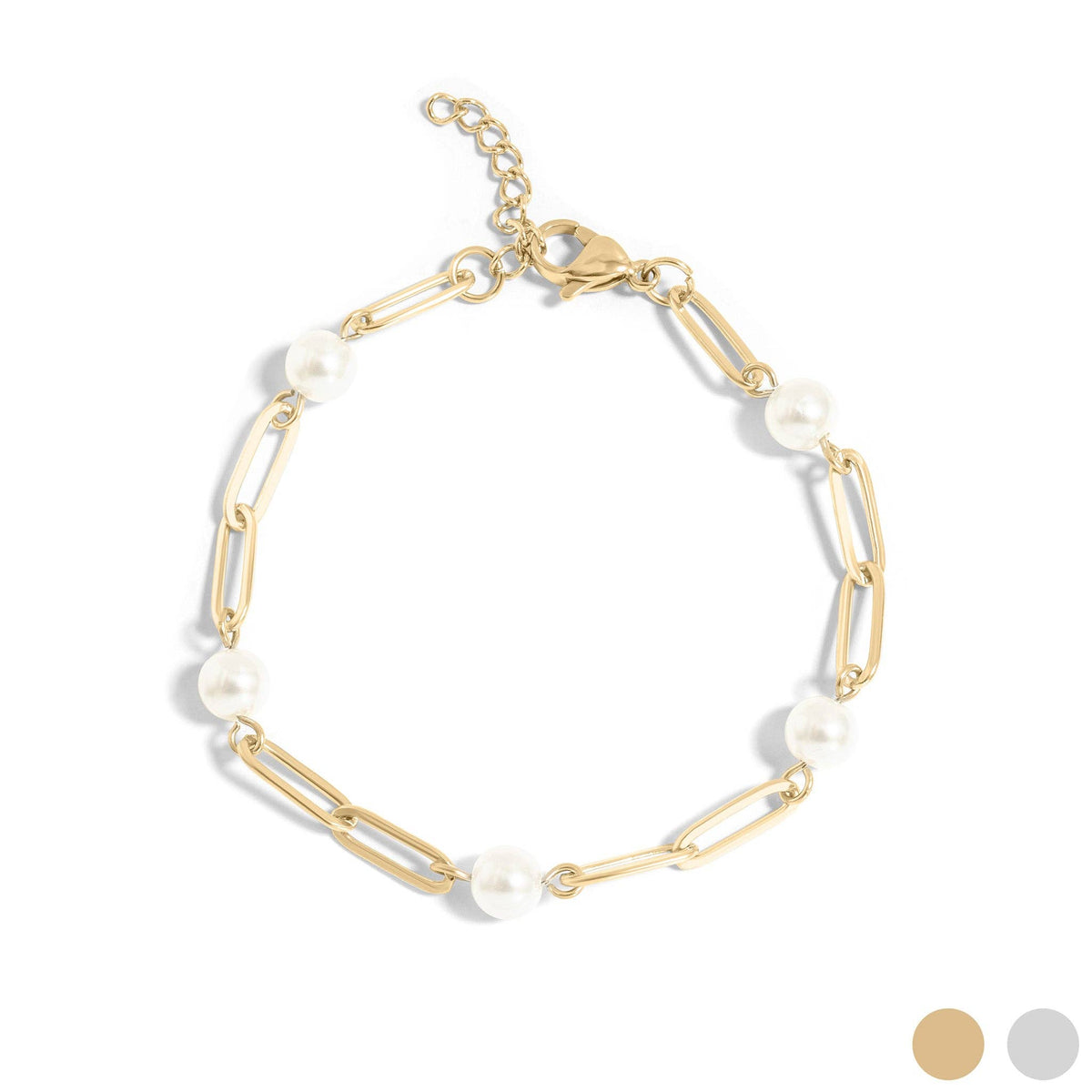 18K Gold PVD Station Glass Pearl Paperclip Chain Bracelet: Gold WJW