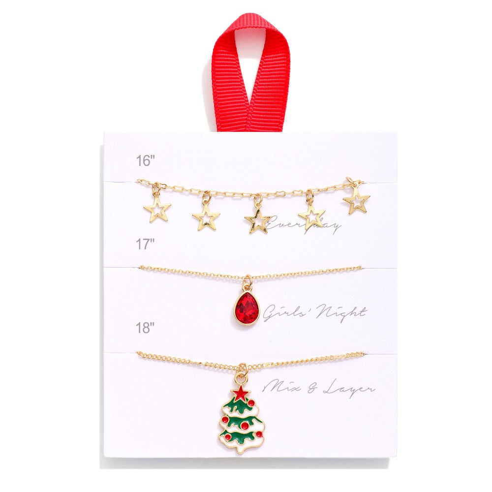 Set Of Three Chain Link Christmas Pendant Necklaces