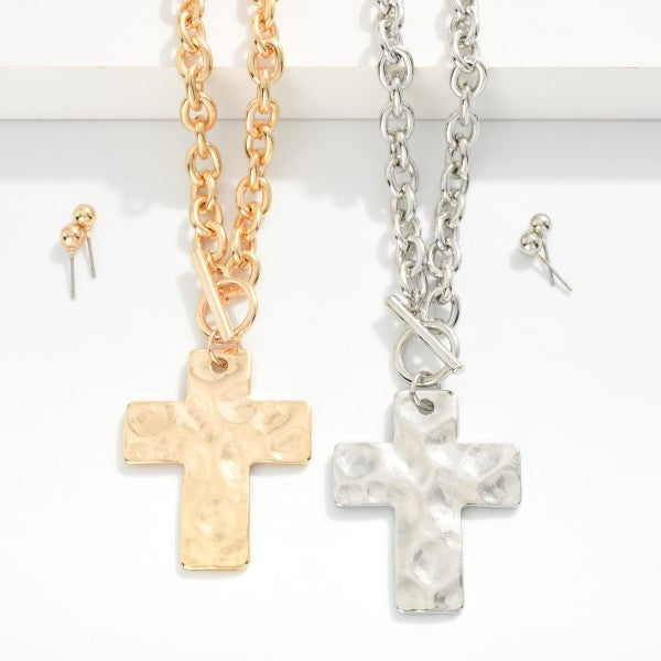 Metal Tone Chain Link Necklace Featuring Gold Tone Hammered Cross Pendent & Toggle Clasp