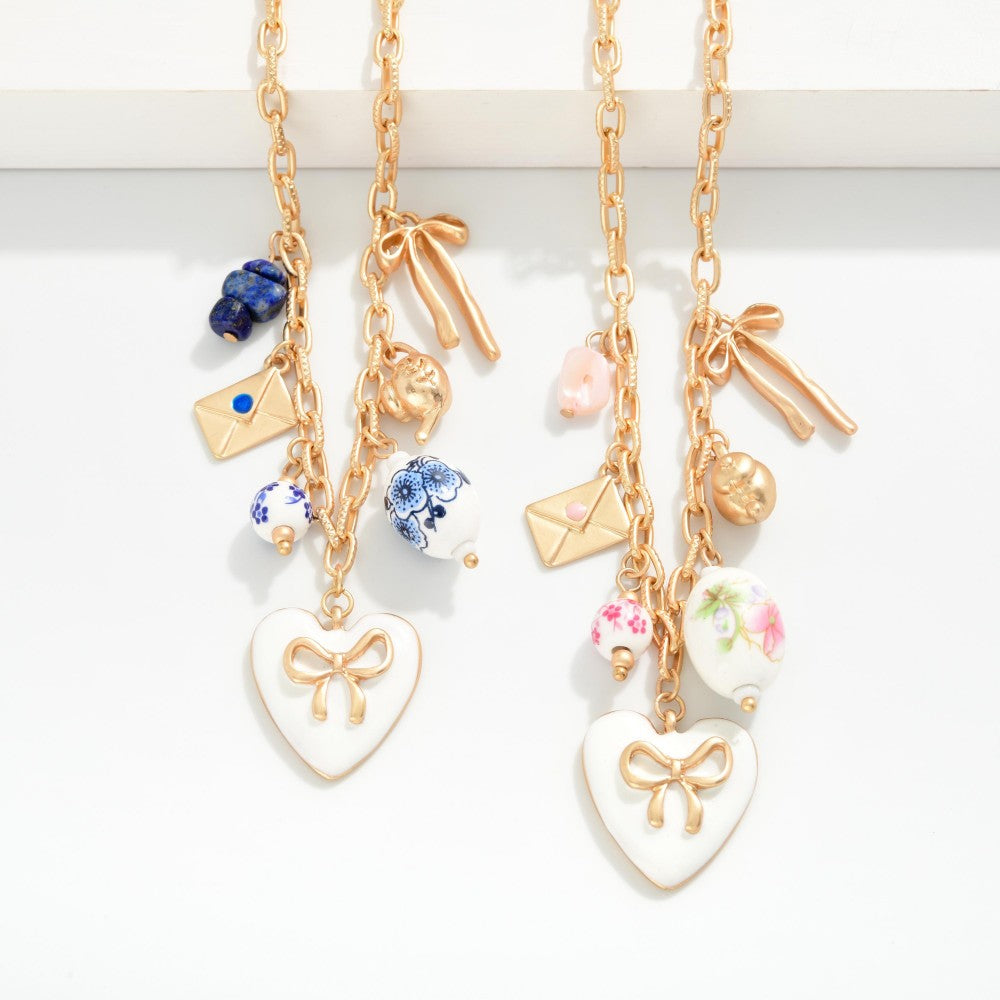 Chain Link Necklace Featuring Metal Tones & Porcelain Charms Blue