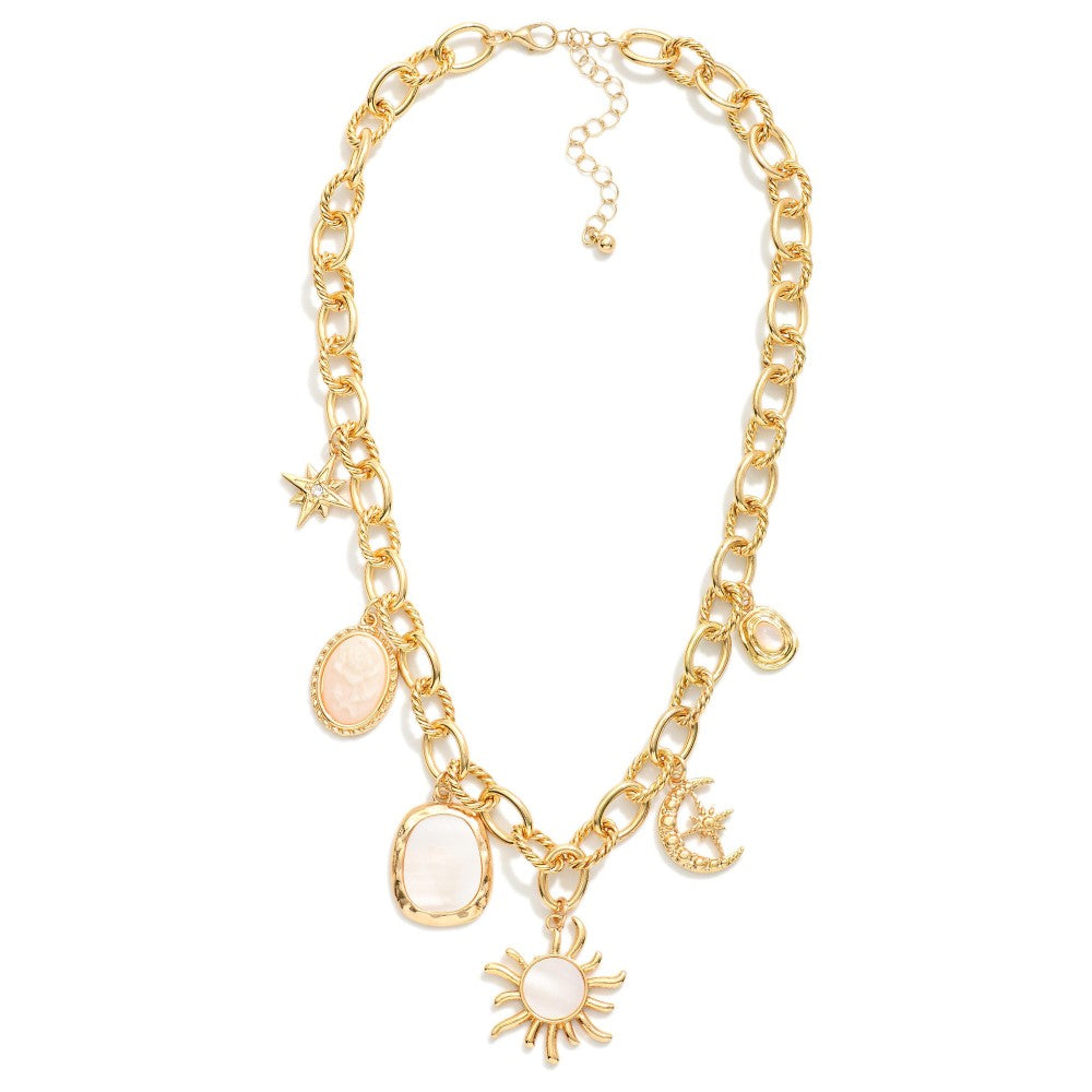 Layered Chain Link Necklace Featuring Twisted Links, Metal Tone, &amp; Pearl Charms