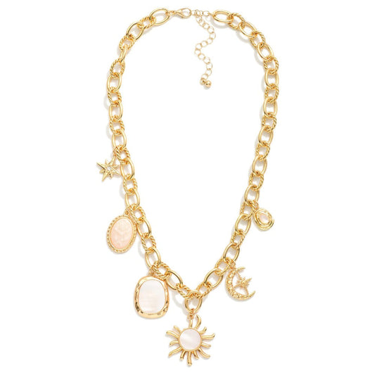 Layered Chain Link Necklace Featuring Twisted Links, Metal Tone, &amp; Pearl Charms