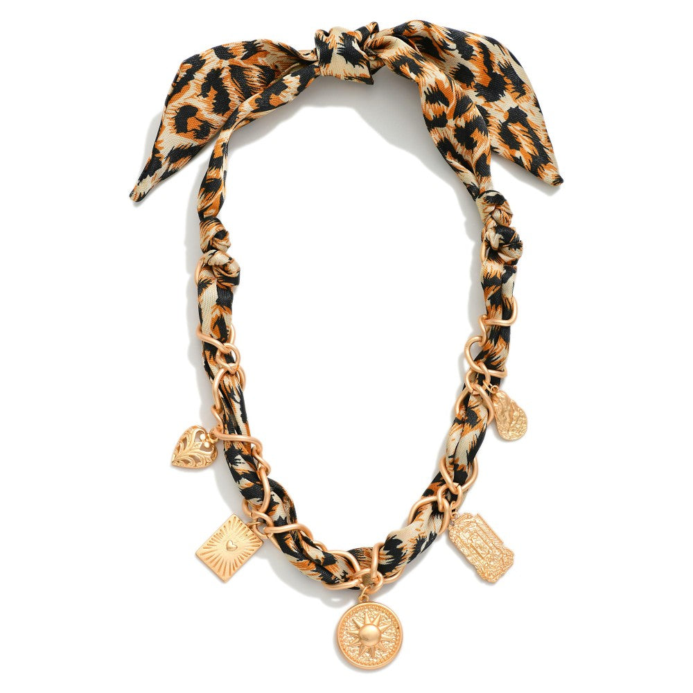 Leopard Bandana Charm Necklace Featuring Gold Tone Charms