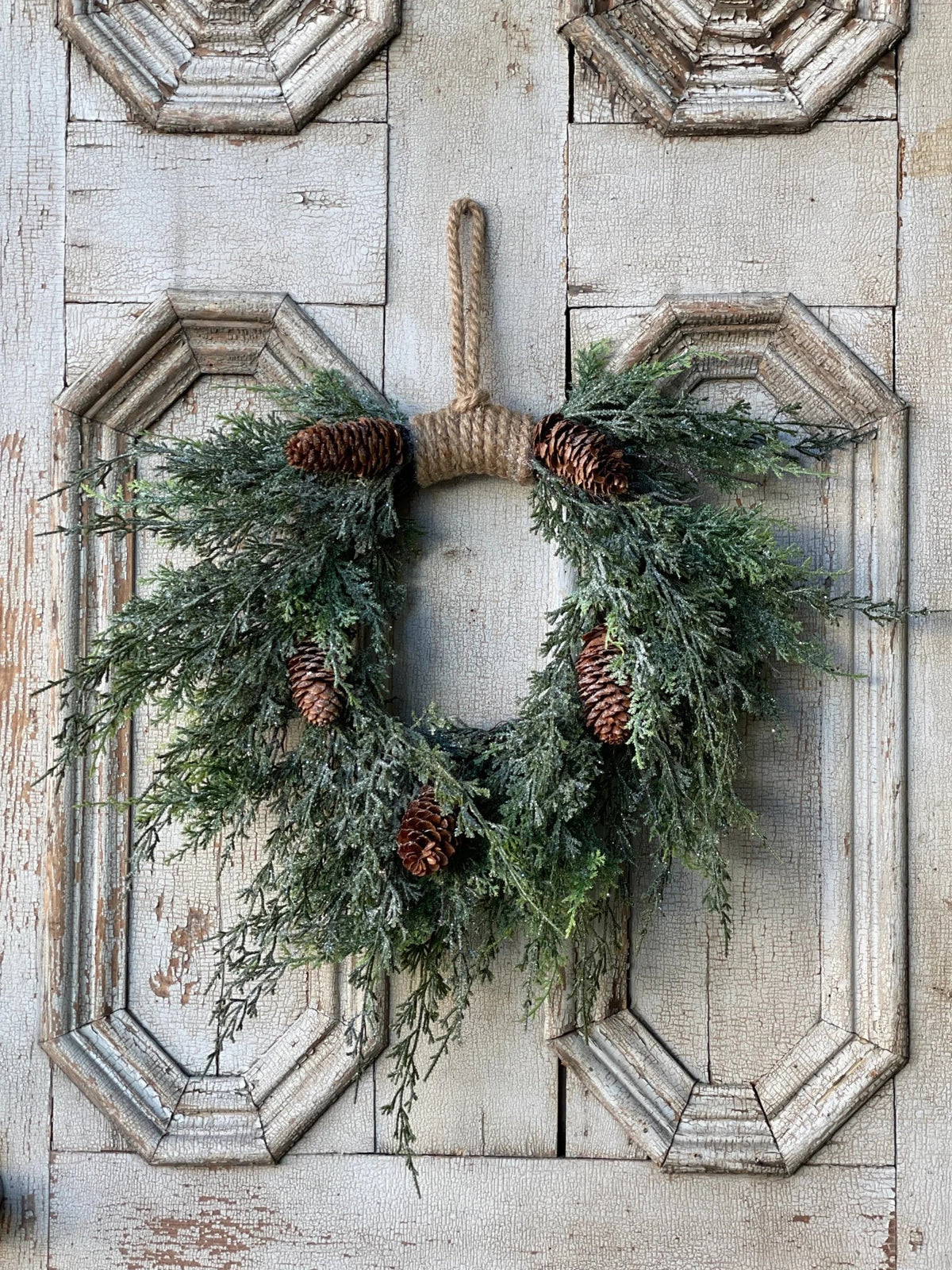 16" Silver Thread Cedar Wreath - The Mustard Seed Collection, The Seed