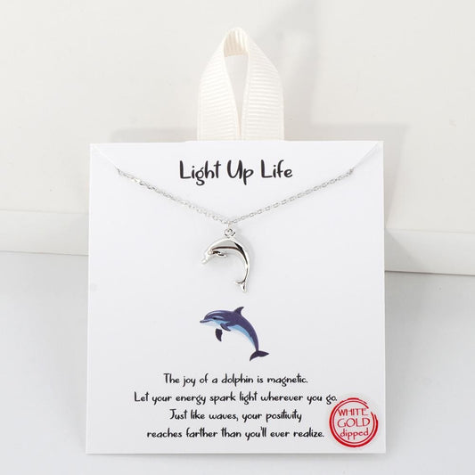 Dainty Chain Link Necklace Featuring Metal Tone Dolphin Pendant Silver