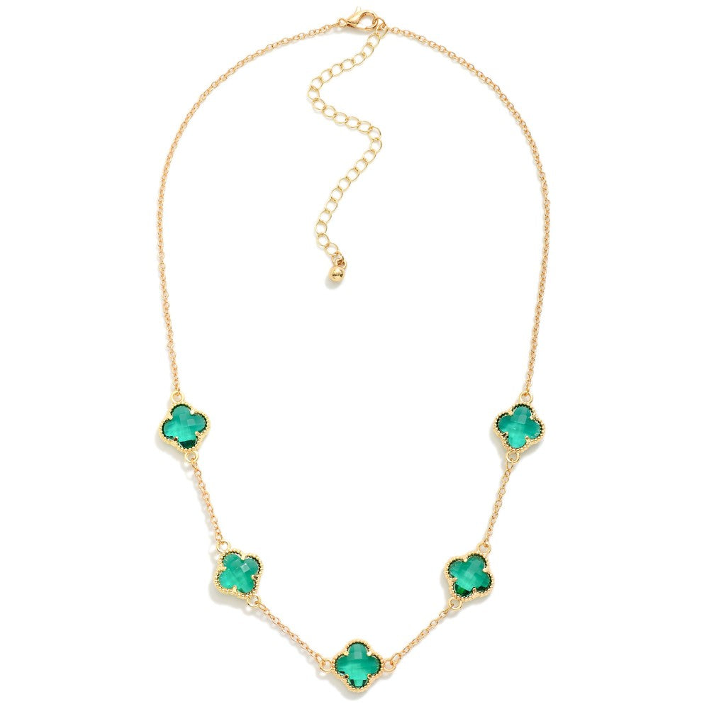 Chain Link Necklace Featuring Glass Crystal Clover Stations Emerald