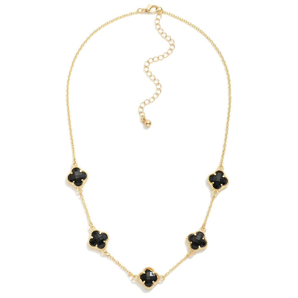 Chain Link Necklace Featuring Glass Crystal Clover Stations Black