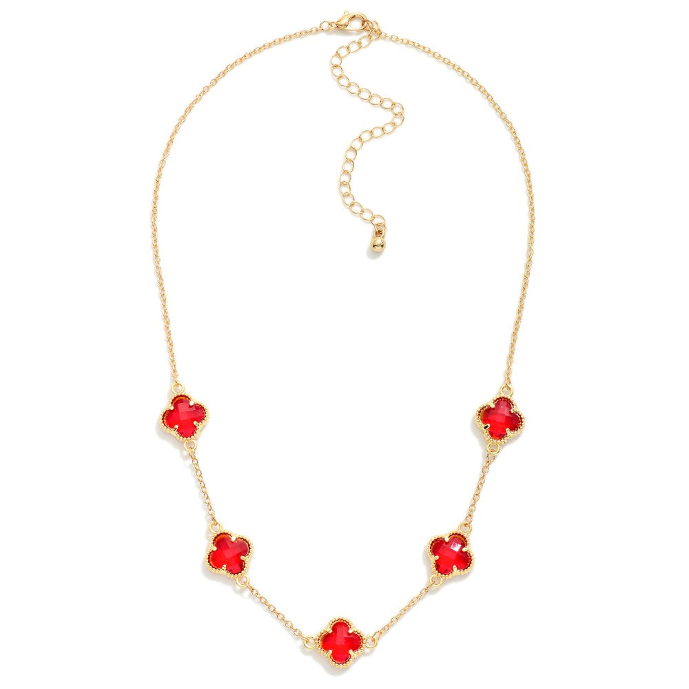 Chain Link Necklace Featuring Glass Crystal Clover Stations Red