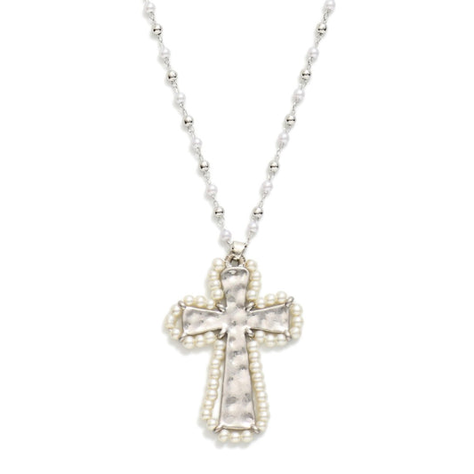 Metal Tone & Pearl Beaded Chain Link Necklace Featuring Hammered Metal Cross With Pearl Border Detail Pendant Silver