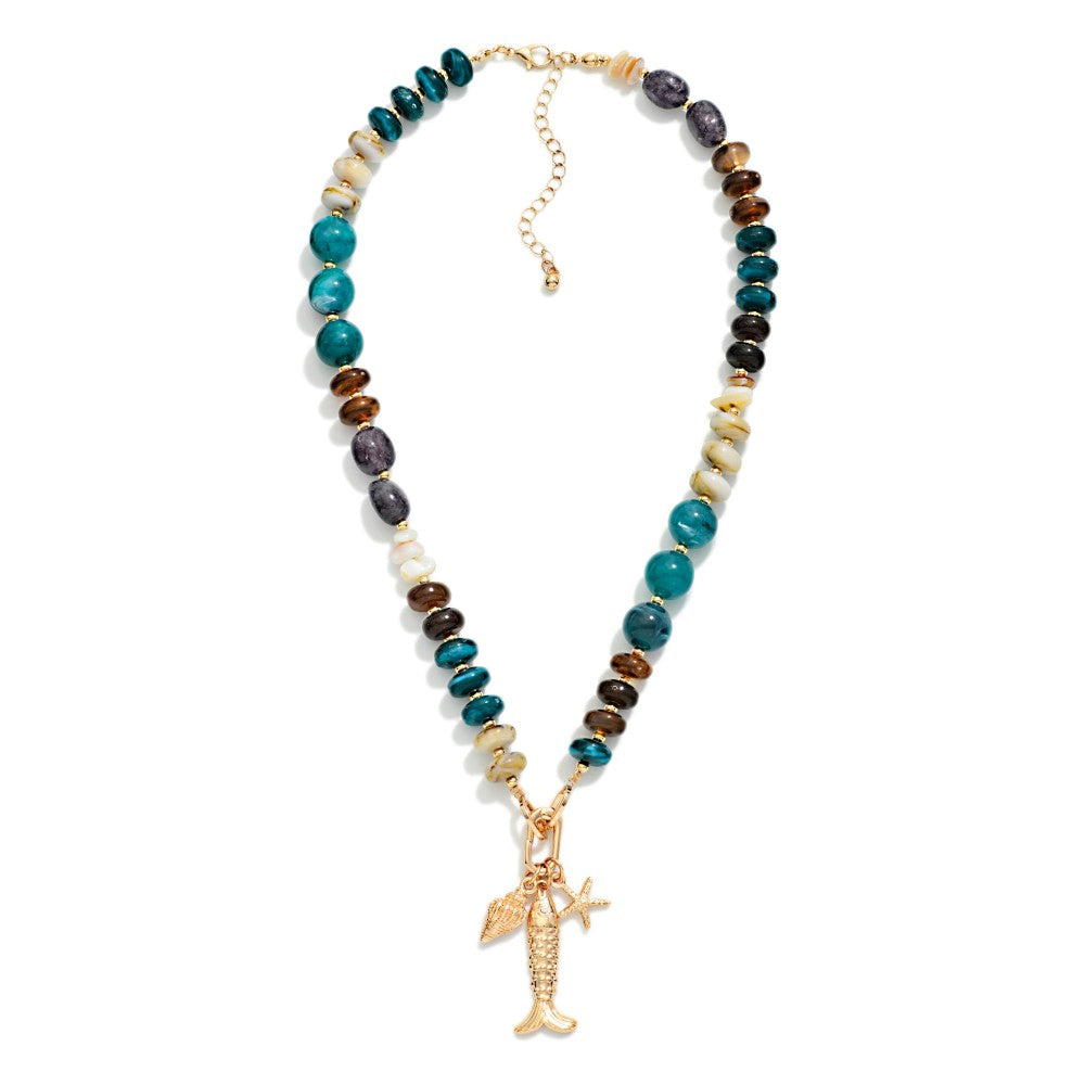 Marbled Acetate & Stone Beaded Necklace Featuring Metal Tone Fish & Shell Pendant Teal