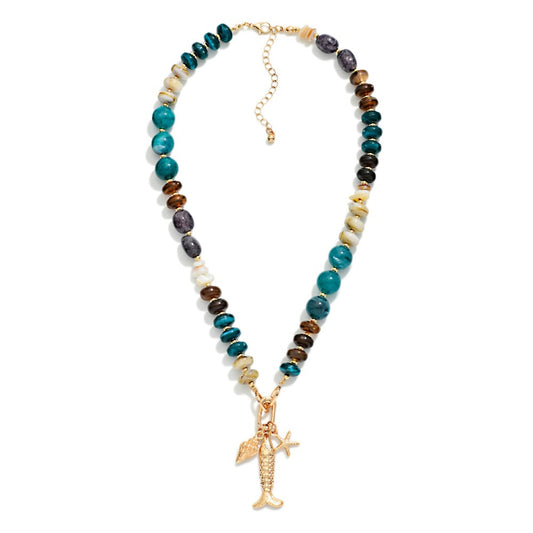 Marbled Acetate & Stone Beaded Necklace Featuring Metal Tone Fish & Shell Pendant Teal