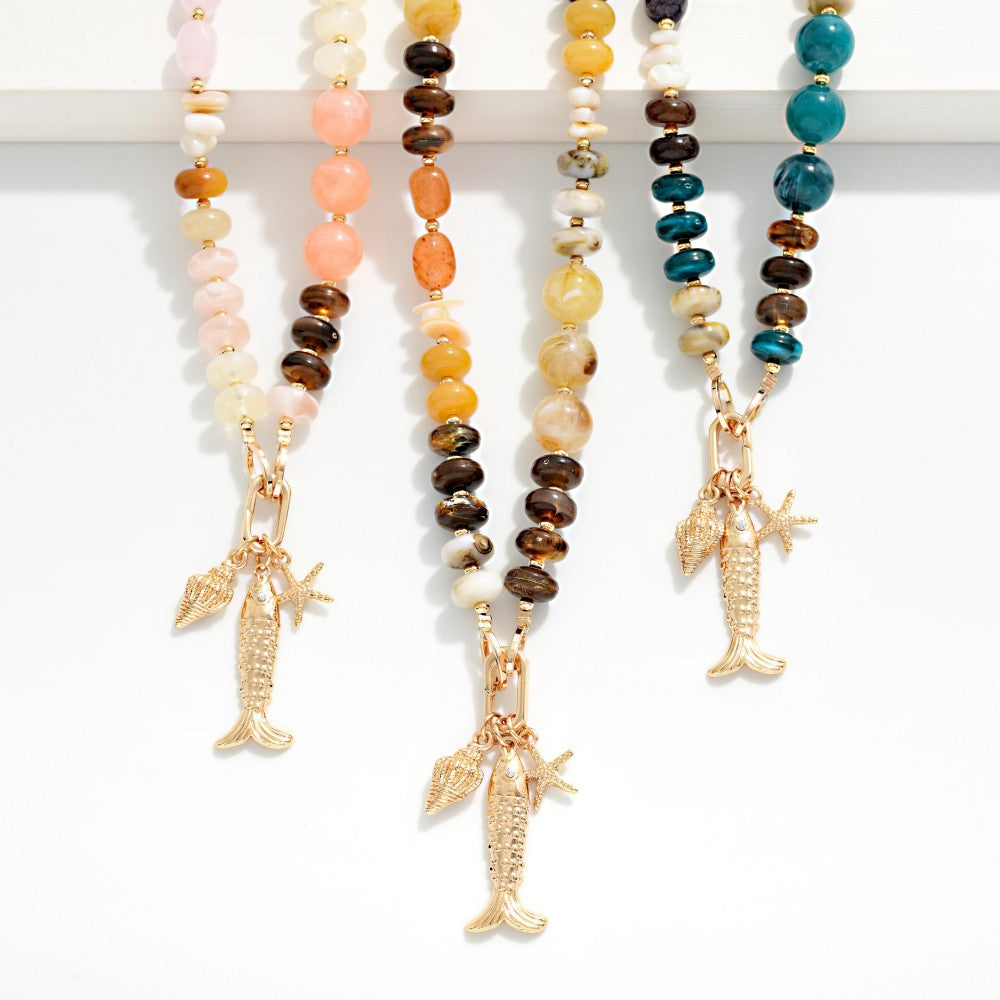 Marbled Acetate & Stone Beaded Necklace Featuring Metal Tone Fish & Shell Pendant