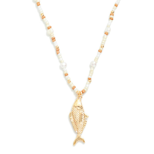 Seed Bead Beaded & Pearl Necklace Featuring Metal Tone Fish Pendant Default Title