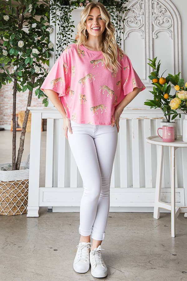 Tiger Print TriBlend Women's Knit Top: Vintage Fuchsia