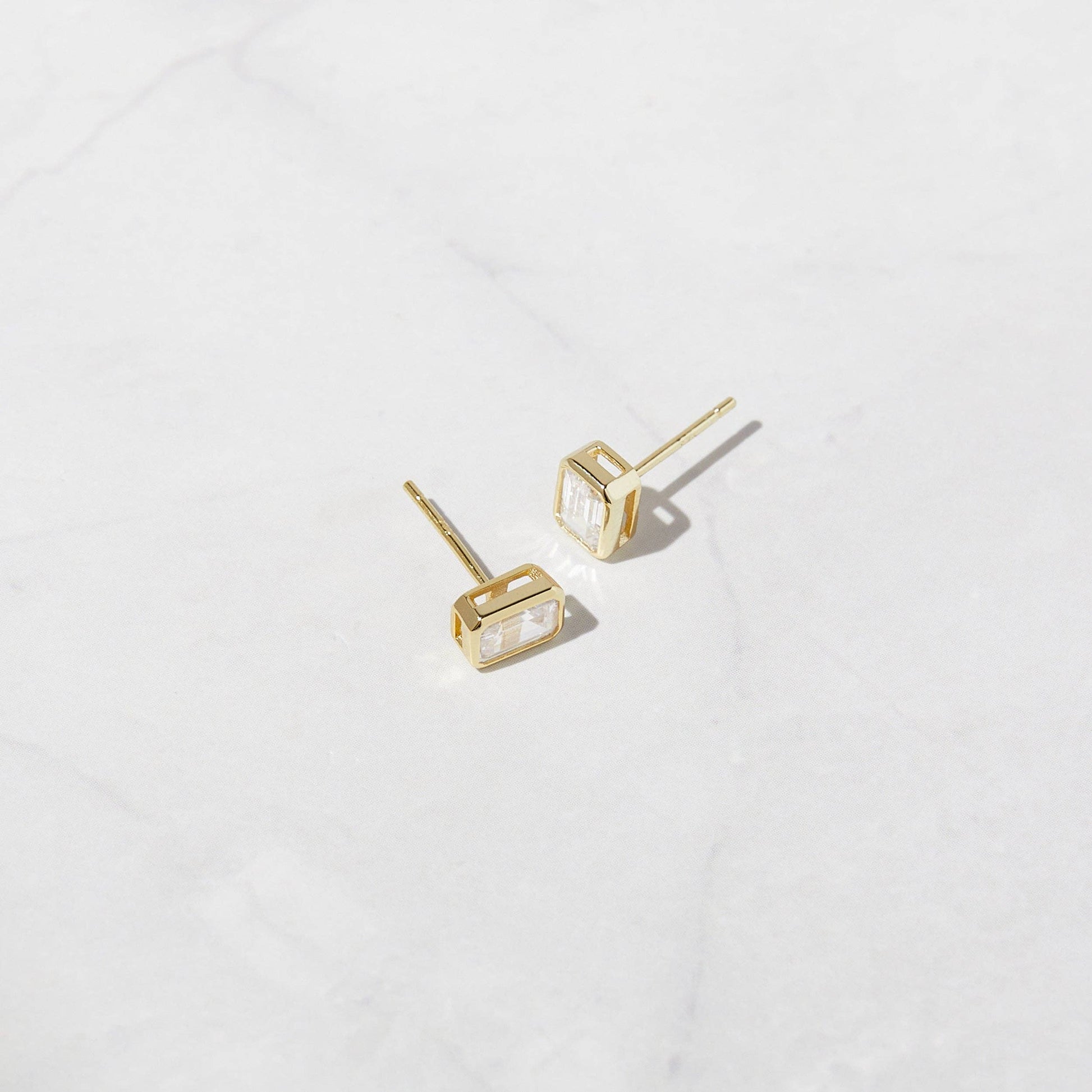 Emerald Cut Studs: 925 Sterling Silver/14KGoldPlating