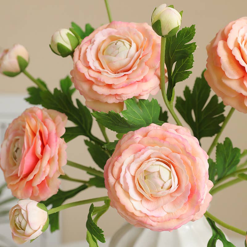 18"-Ultra Realistic Artificial Real Touch Ranunculus: White with Lavender Trim - The Mustard Seed Collection, The Seed