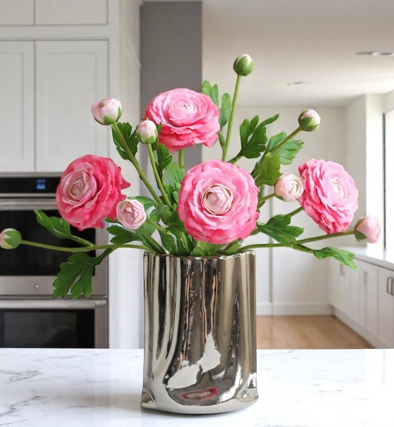 18"-Ultra Realistic Artificial Real Touch Ranunculus: White with Lavender Trim - The Mustard Seed Collection, The Seed