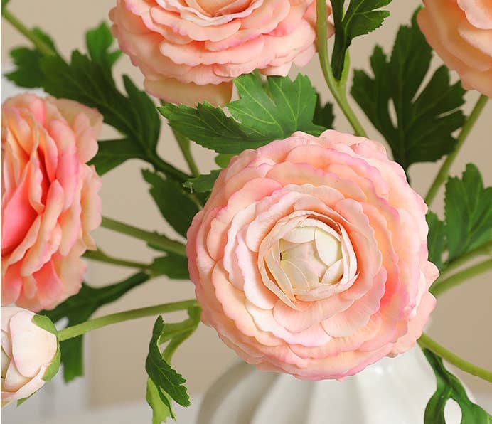 18"-Ultra Realistic Artificial Real Touch Ranunculus: White with Lavender Trim - The Mustard Seed Collection, The Seed