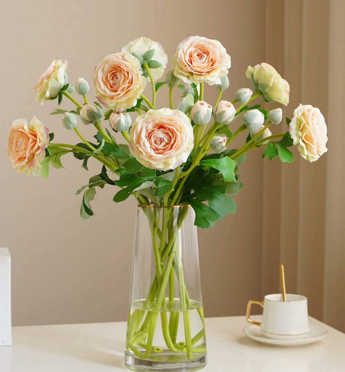 18"-Ultra Realistic Artificial Real Touch Ranunculus: White with Lavender Trim - The Mustard Seed Collection, The Seed