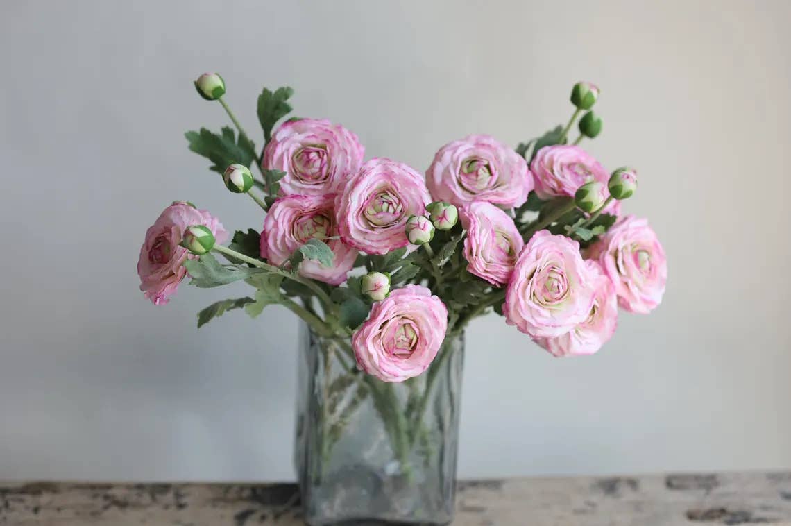 18"-Ultra Realistic Artificial Real Touch Ranunculus: White with Lavender Trim - The Mustard Seed Collection, The Seed
