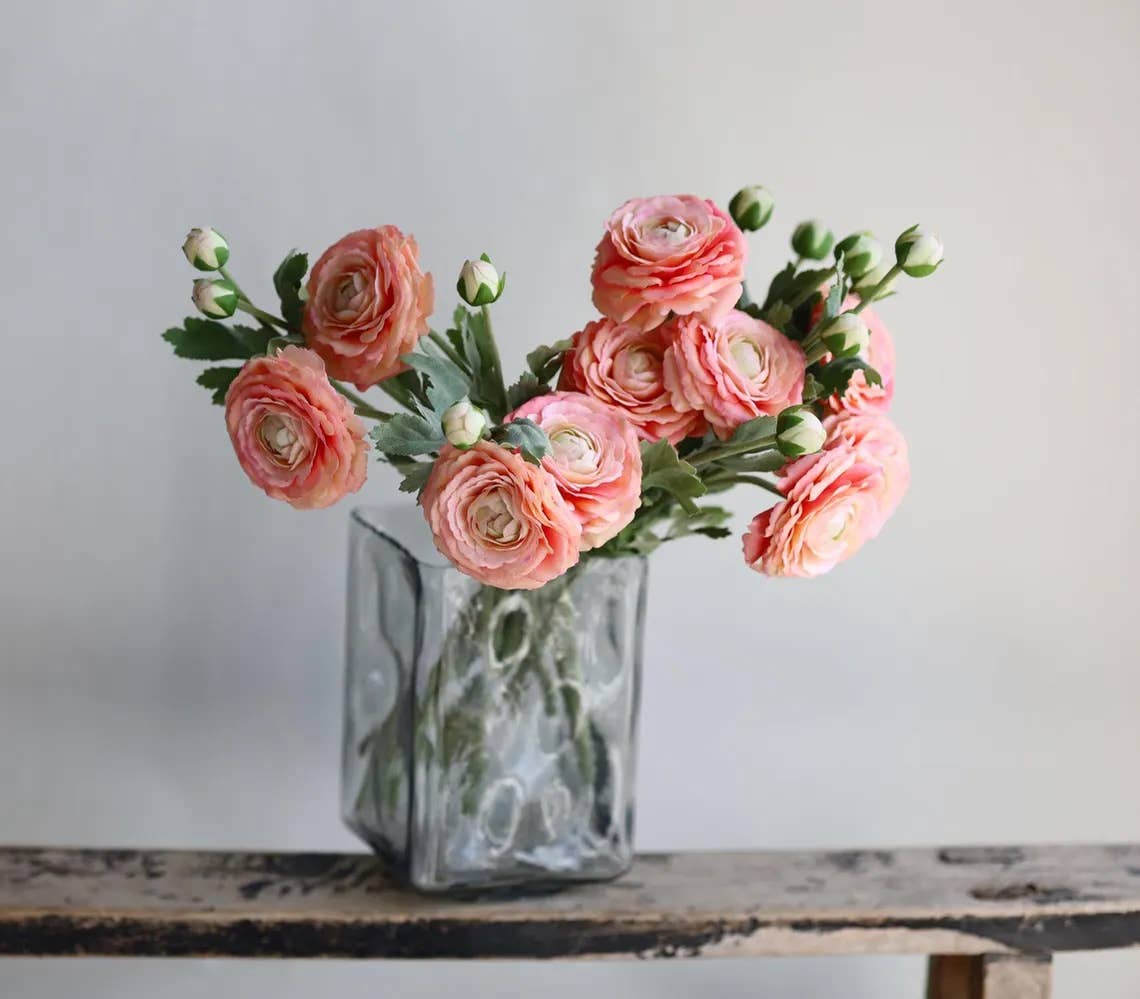 18"-Ultra Realistic Artificial Real Touch Ranunculus: White with Lavender Trim - The Mustard Seed Collection, The Seed