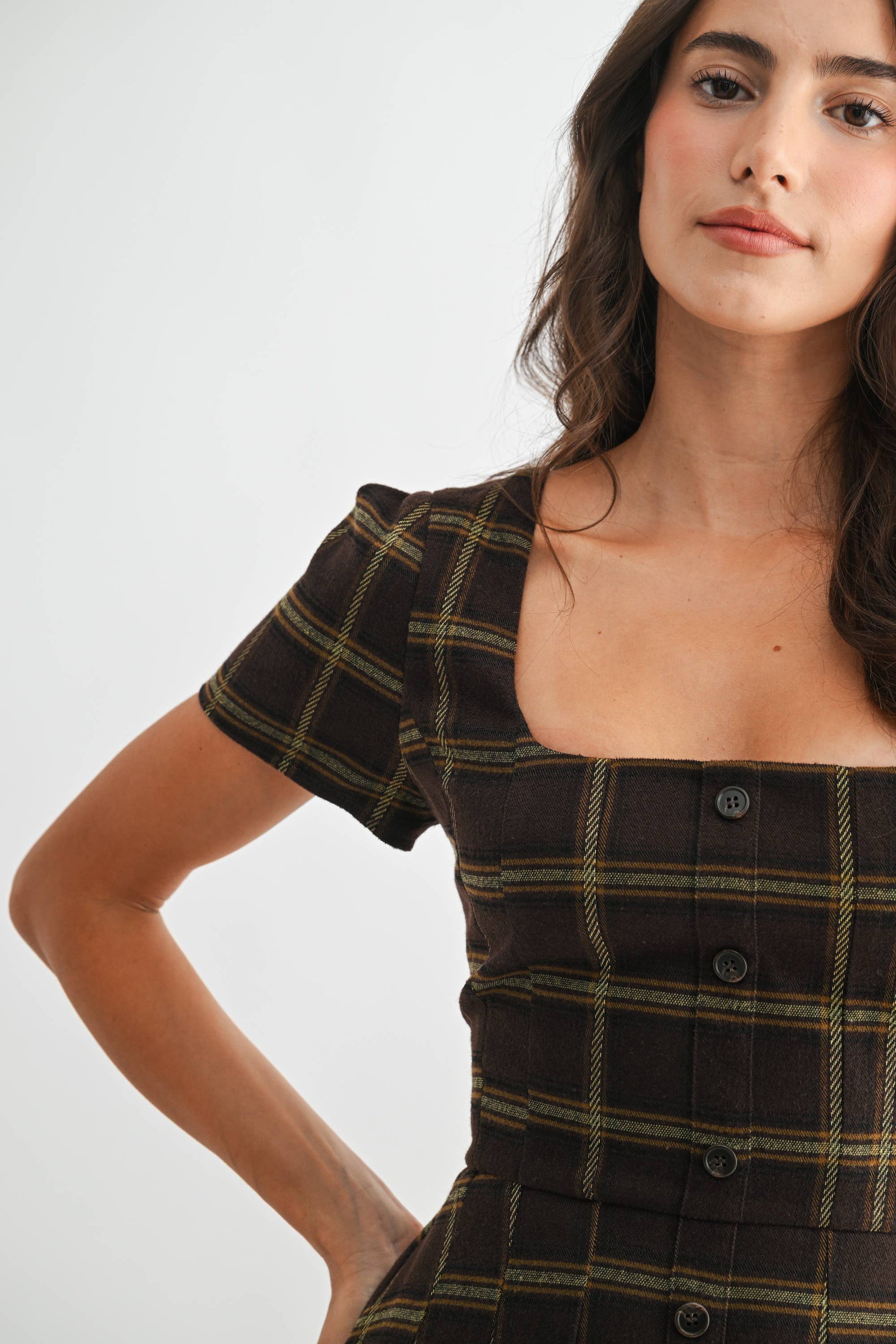 Plaid Button-Down Midi Dress: Brown