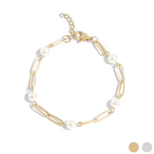 18K Gold PVD Station Glass Pearl Paperclip Chain Bracelet: Gold WJW