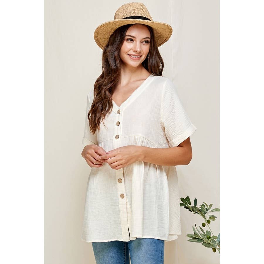 Loose Fit Ivory V-Neck Short Sleeve Button Down Top