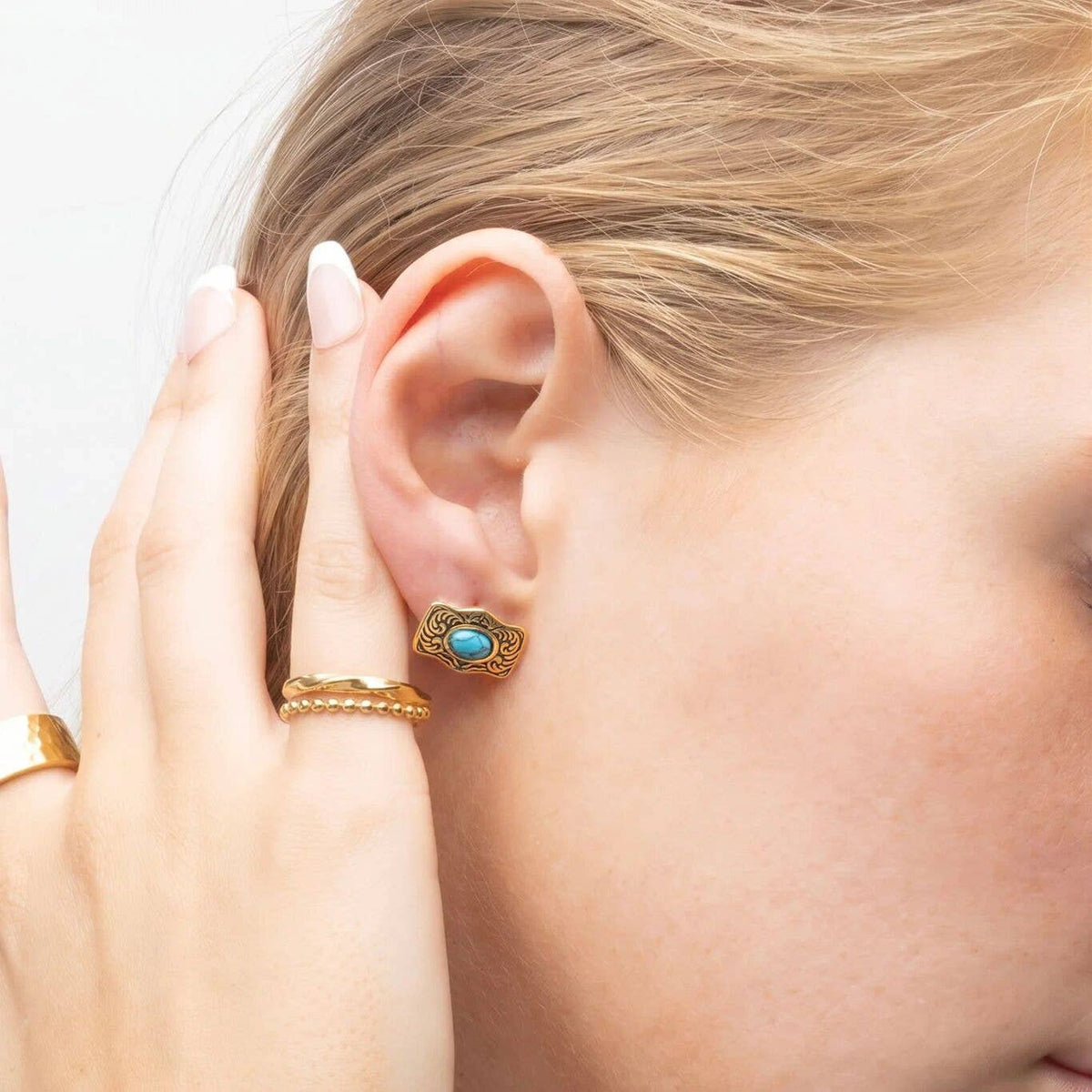 Gold Stainless Steel Turquoise Stone Buckle Stud Earrings: Stainless WJW
