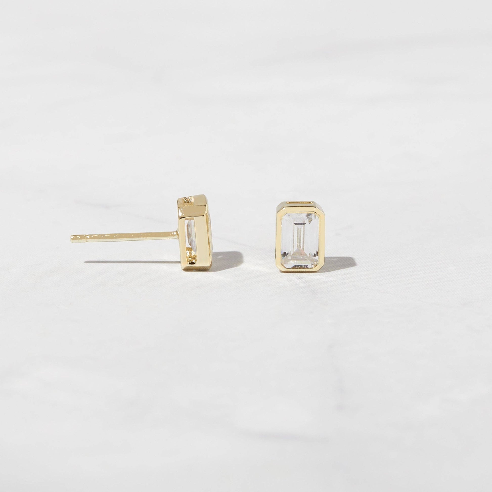 Emerald Cut Studs: 925 Sterling Silver/14KGoldPlating
