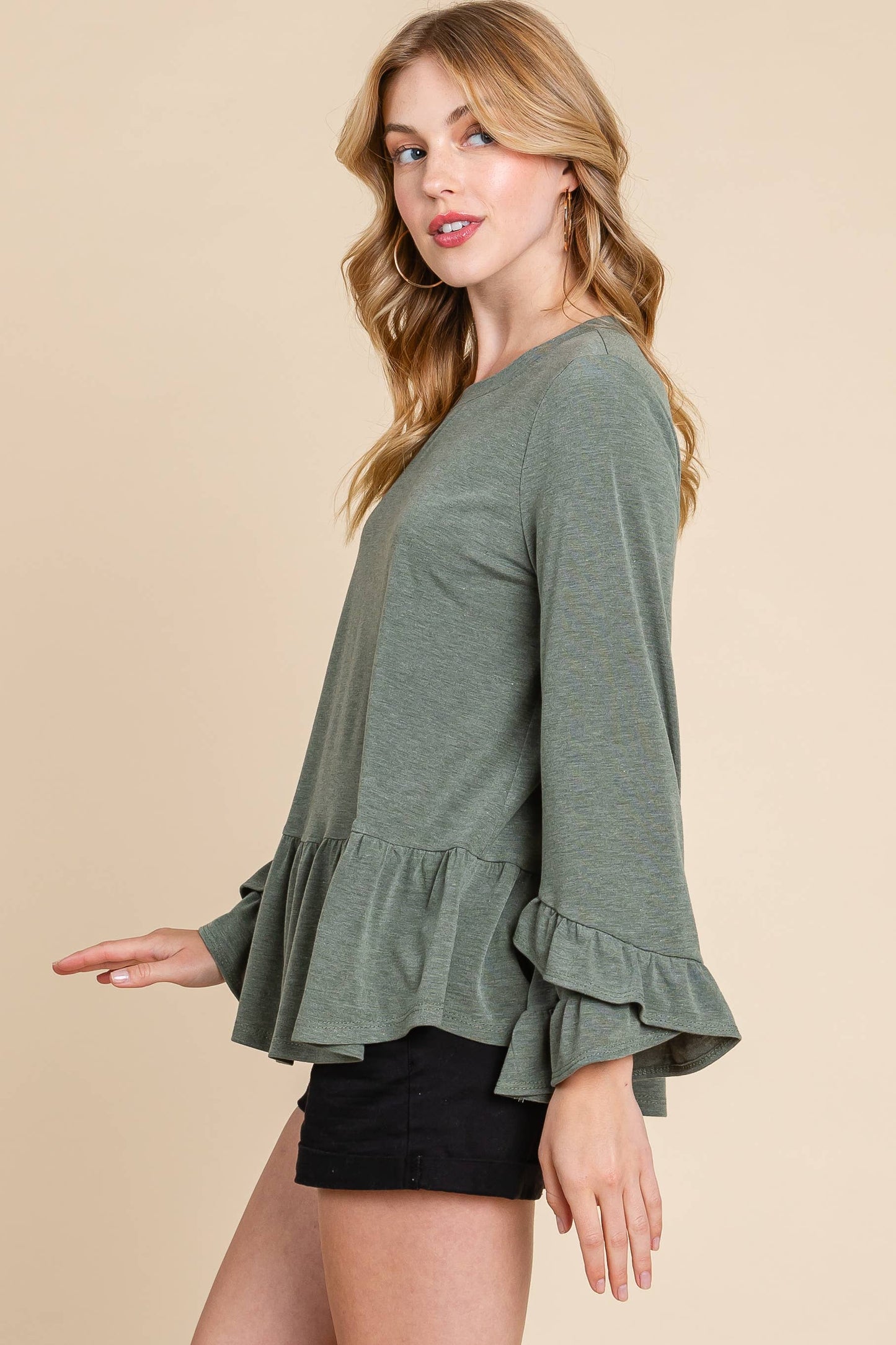 Solid Babydoll Ruffle Hem Top: Olive