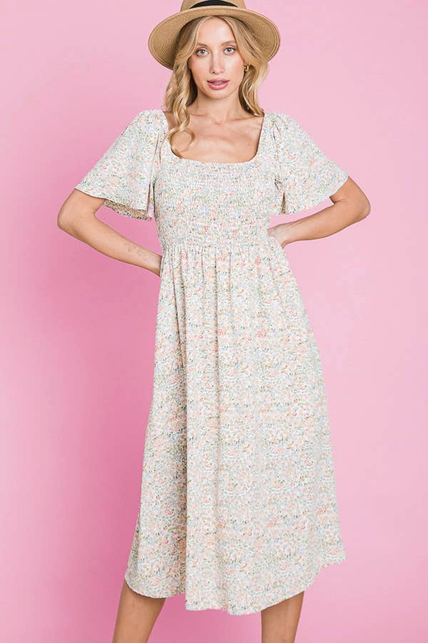 Floral Print Butterfly Sleeve Square Neck Smocked Midi Dress: CREAM