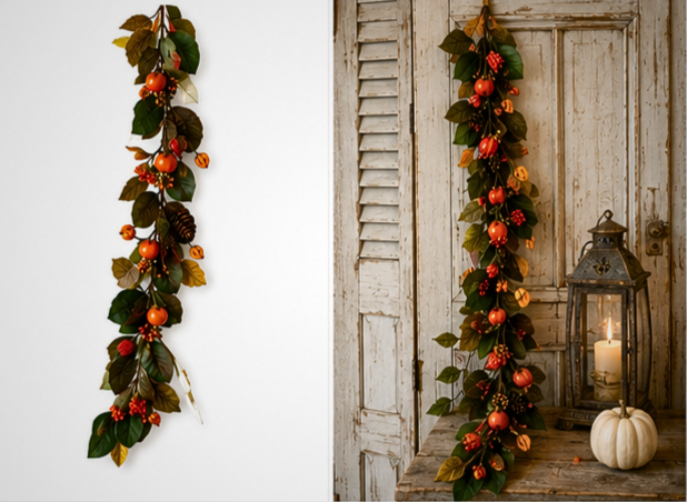 Autumn Pumpkin, Berry & Magnolia Leaf Hanging Garland Lancaster & Vintage