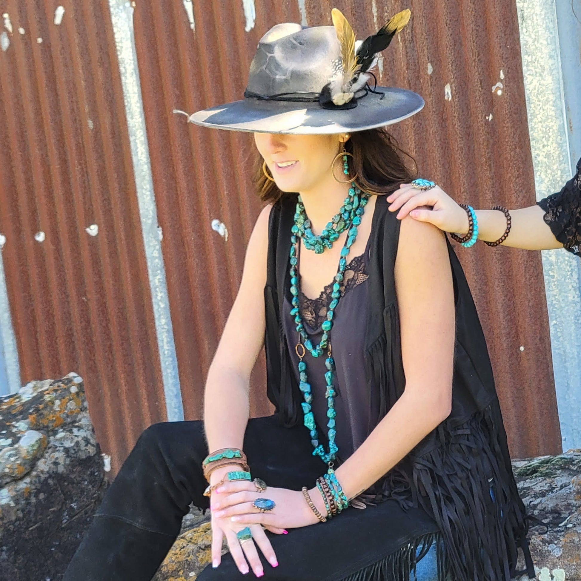 Copper Hoop Earrings with Natural Turquoise and Wood