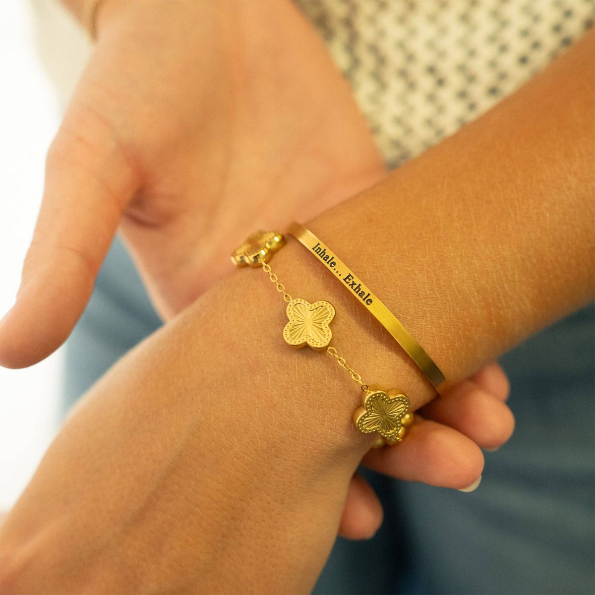 18K Gold PVD Stainless Steel Inhale Exhale Engraved Bracelet: Stainless WJW