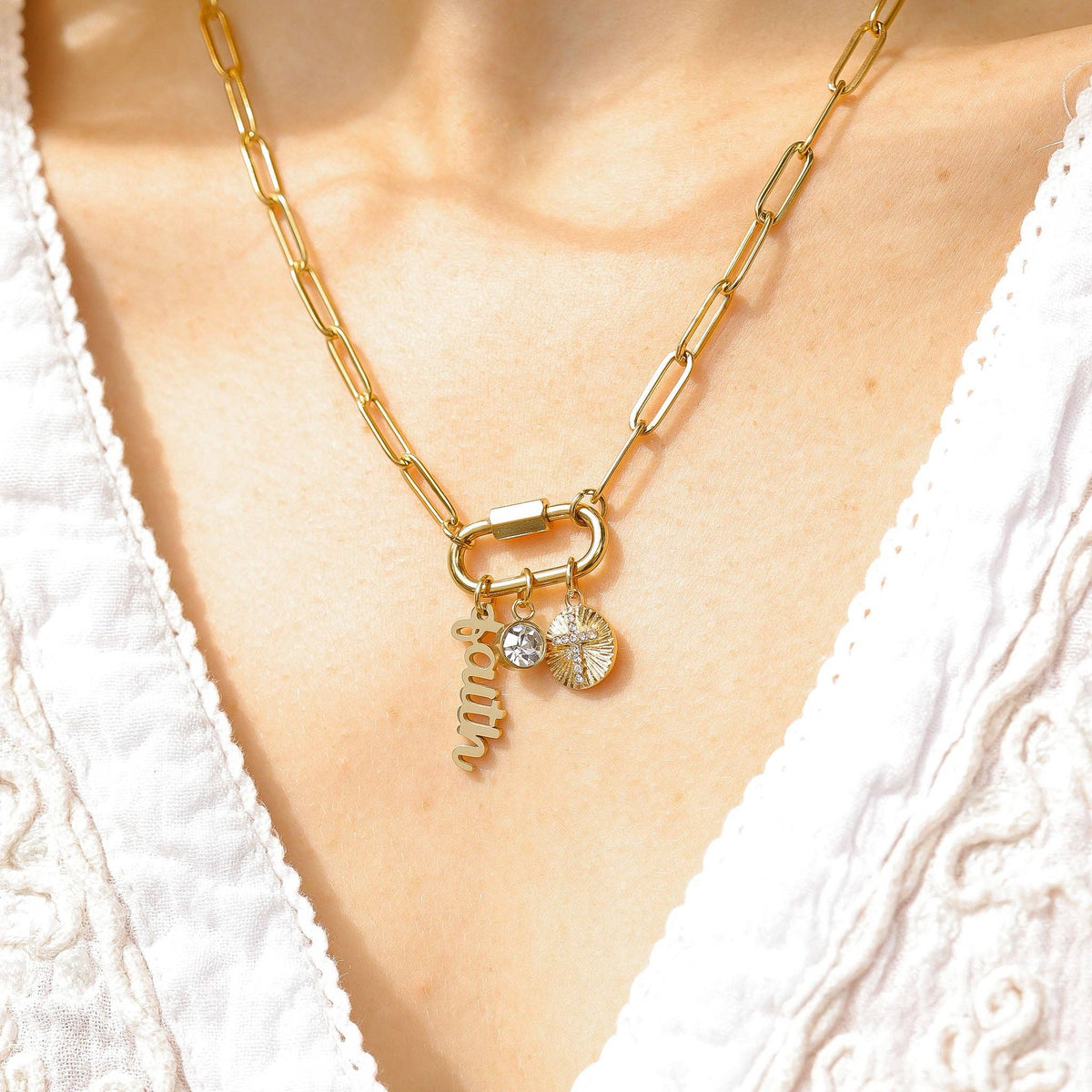 18K PVD Gold Carabiner "Faith" Paperclip Charm Necklace: Gold WJW