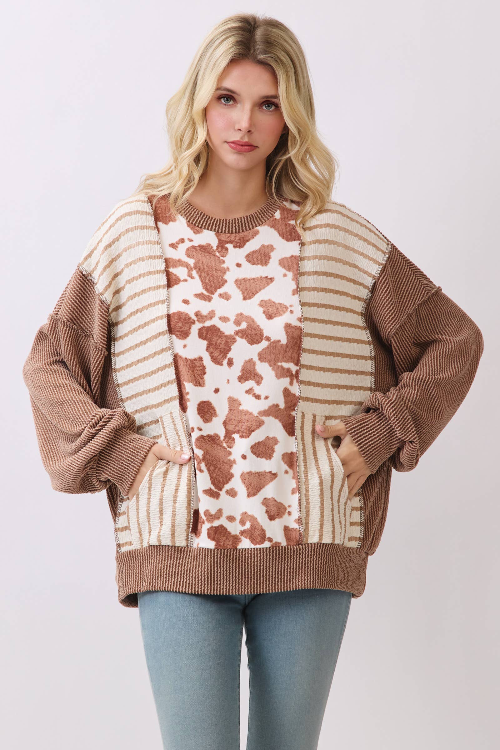 Chestnut Mixed Print Contrast Knit Long Sleeve
