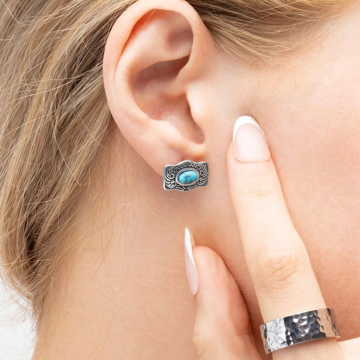 Gold Stainless Steel Turquoise Stone Buckle Stud Earrings: Gold WJW