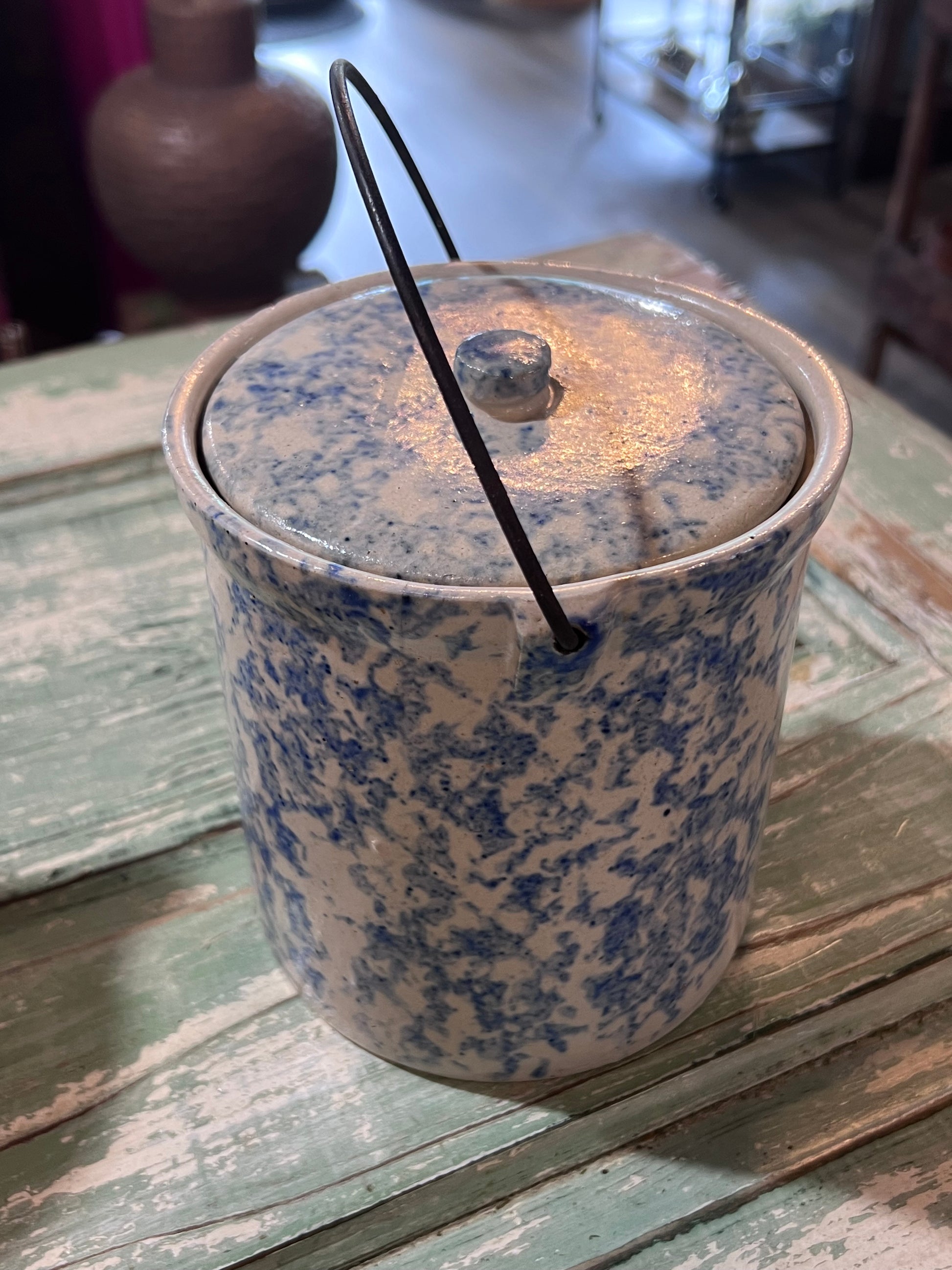 Antique Early Tall Blue White Spongeware Butter Pantry Crock w lid and handle