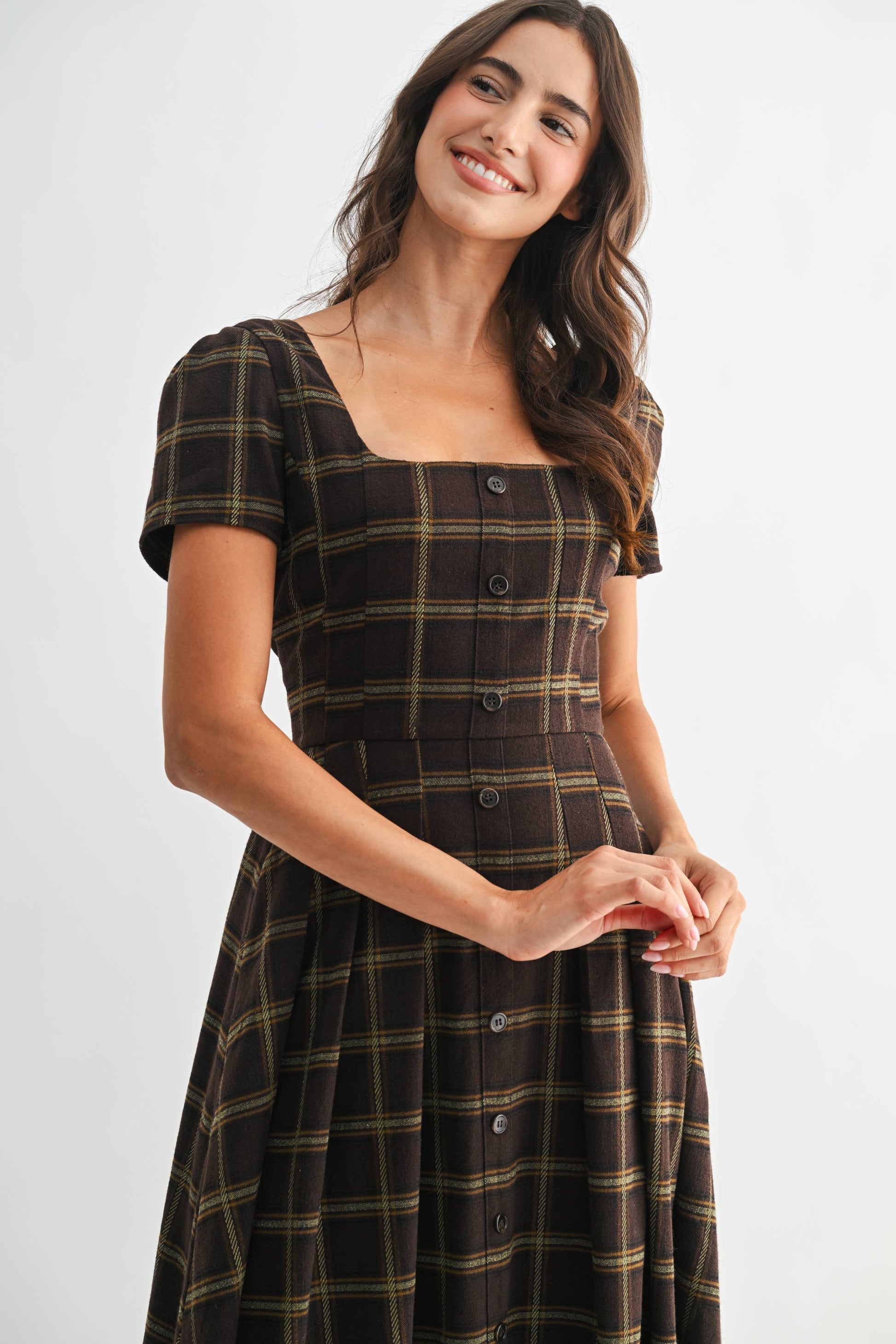 Plaid Button-Down Midi Dress: Brown